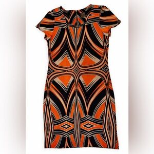 Taylor Orange and Black Geometric Retro Midi Dress Size 10